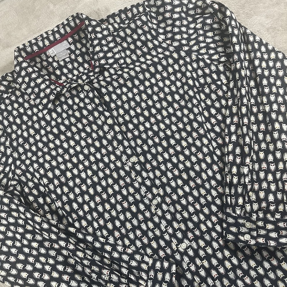 JCP Women Shirt XL All Over Owl Print Silk Blend Button Up Lagenlook‎ Whimsy
